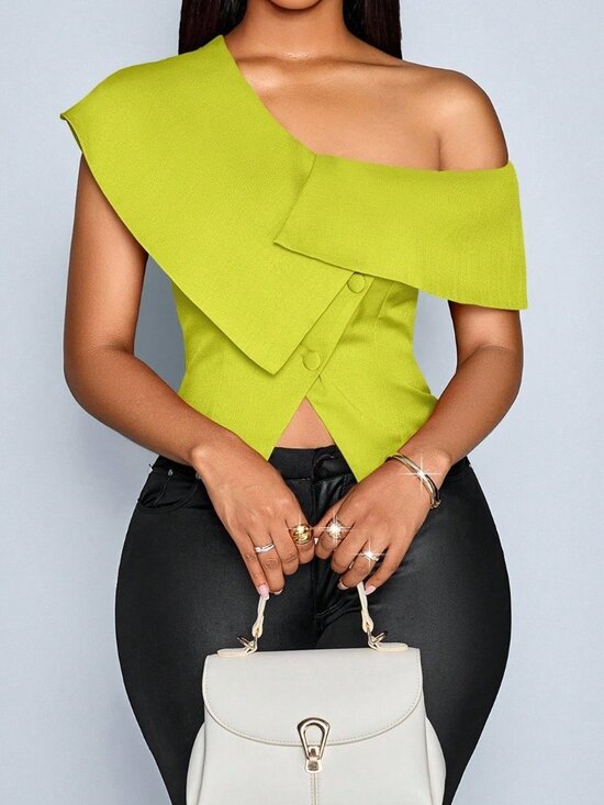 Tops - Green Casual Elegant Women's Off-Shoulder Asymmetrical Blouse